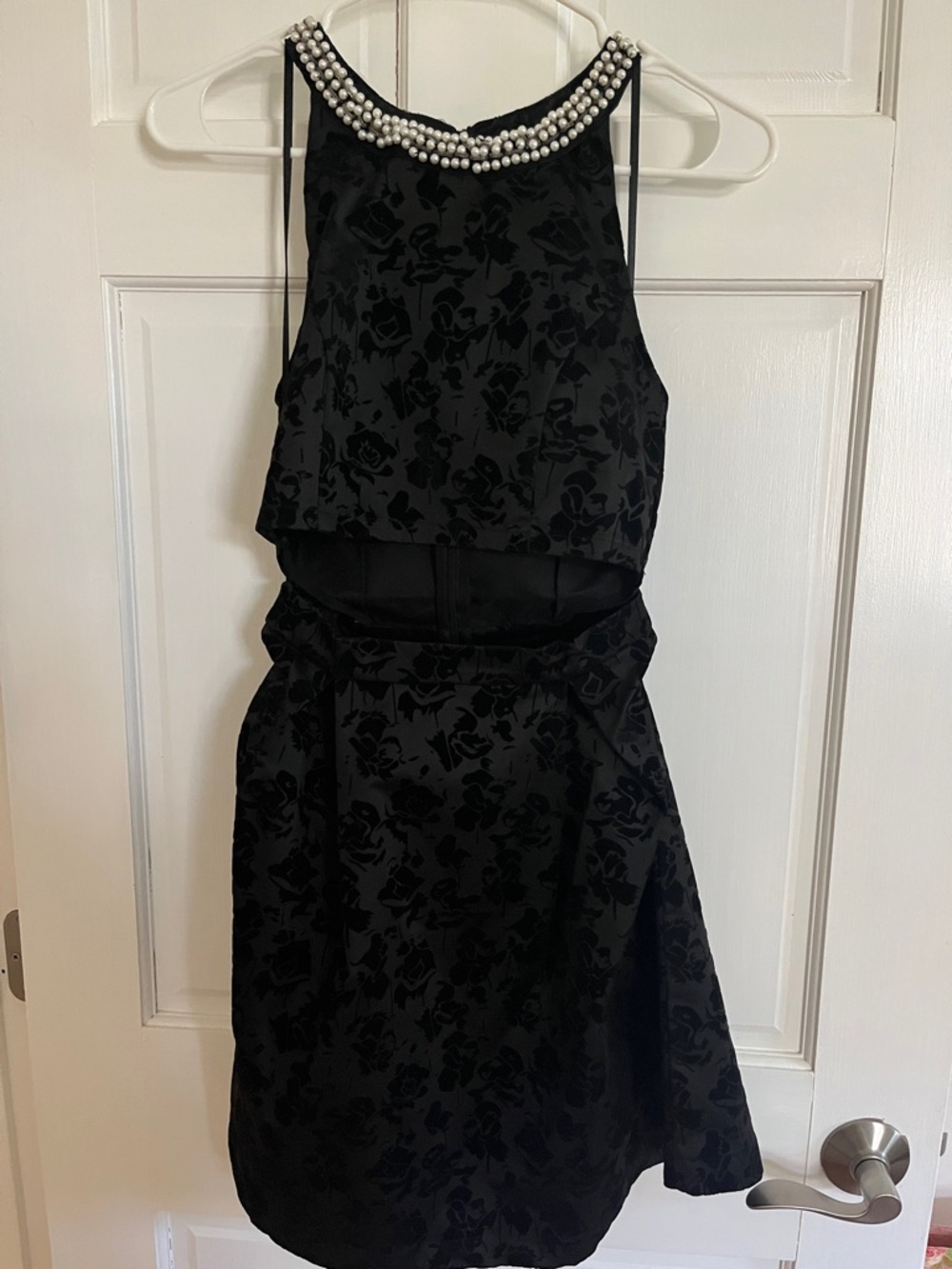 Francesca's Black Floral Jacquard Dress with Pearl Collar